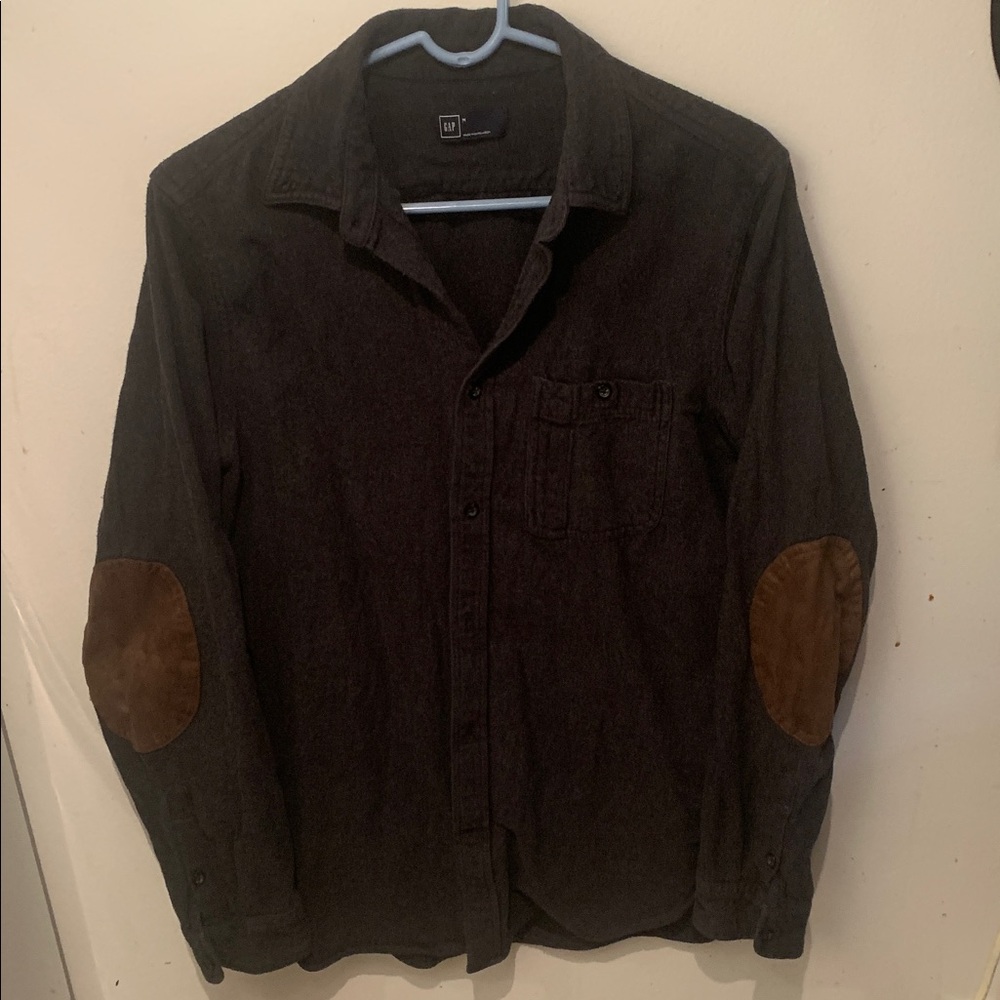 Sharp GAP Charcoal Grey Button Up Cotton Shirt W/Brown Suede Elbow Patches SZ M